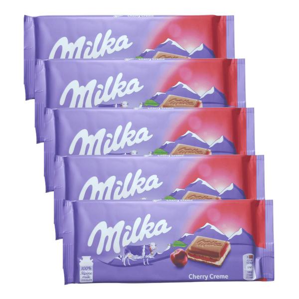 Imagem de 5 barras de chocolate milka com recheio de geleia de cereja