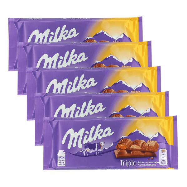 Imagem de 5 barras de chocolate milka de caramelo tripla textura 100g