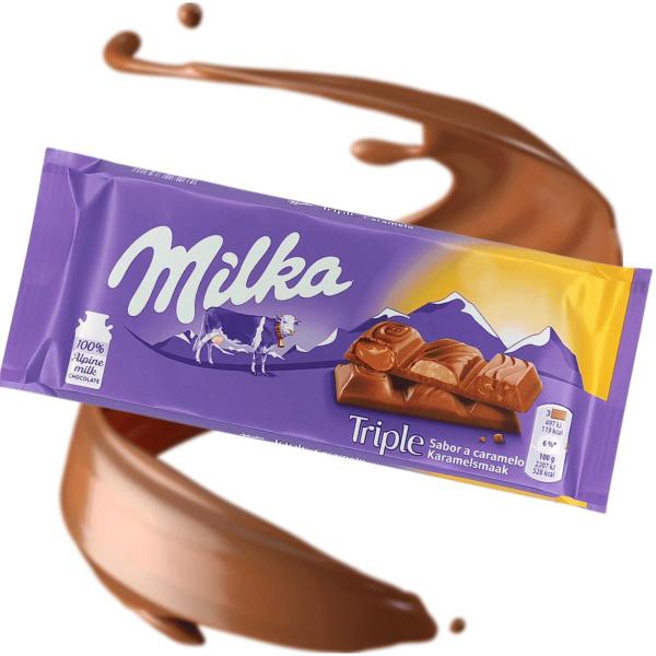 5 barras de chocolate milka de caramelo tripla textura 100g Imagem de 5 barras de chocolate milka de caramelo tripla textura 100g