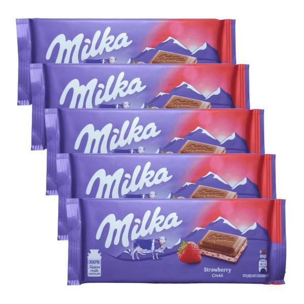 Imagem de 5 barras de chocolate milka recheado de creme de morango