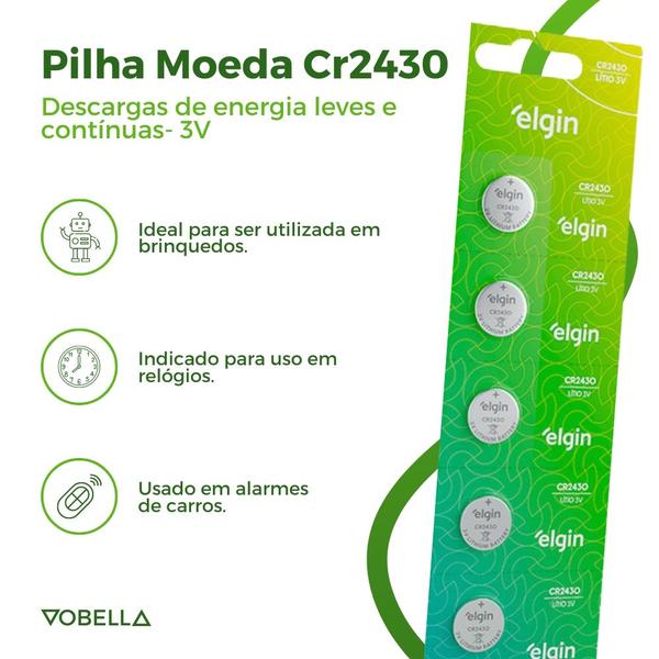 Imagem de 5 Baterias Pilha Moeda Cr2430 3V 1 Cartela Relógio Elgin