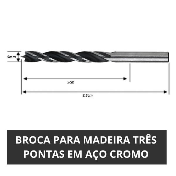 Imagem de 5 Brocas P/Madeira 3 Pontas 5mm  Aço Cromo Htom