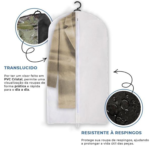 Imagem de 5 Capa Protetora Para Roupas Em Geral Terno Anti Mofo Tnt + Cabide Visor PVC Cristal Noivo Aluguel Resistente Envio Imediato Branco