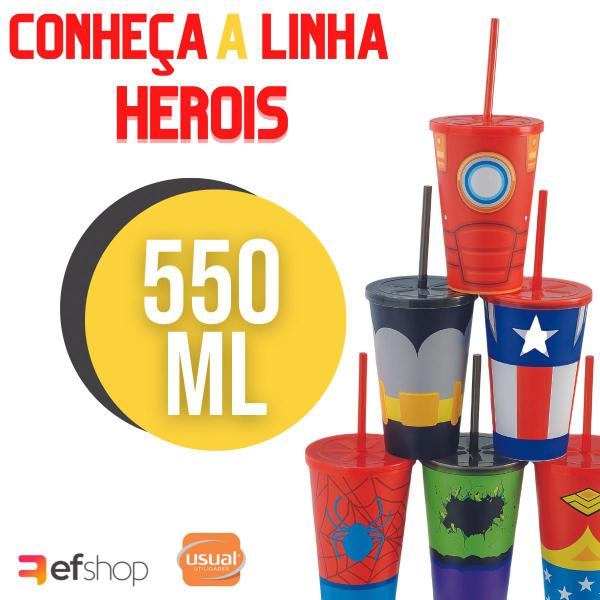 Imagem de 5 Copos Infantis Super Heróis 550ml c/ Tampa e Canudo Usual