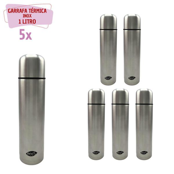 Imagem de 5 Garrafa Térmica Prata Inox 1L Portátil Água Suco Café