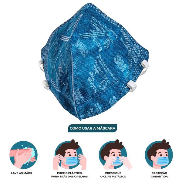 Imagem de 5 Máscaras Descartáveis 3M PFF2 Azul Com Clipe Nasal e Elástico