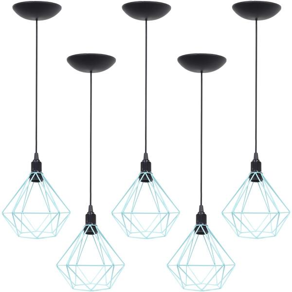 Imagem de 5 Pendentes Aramado Diamante Luminária Lustre P Teto Retrô Vintage Industrial Balcão Azul Tiffany