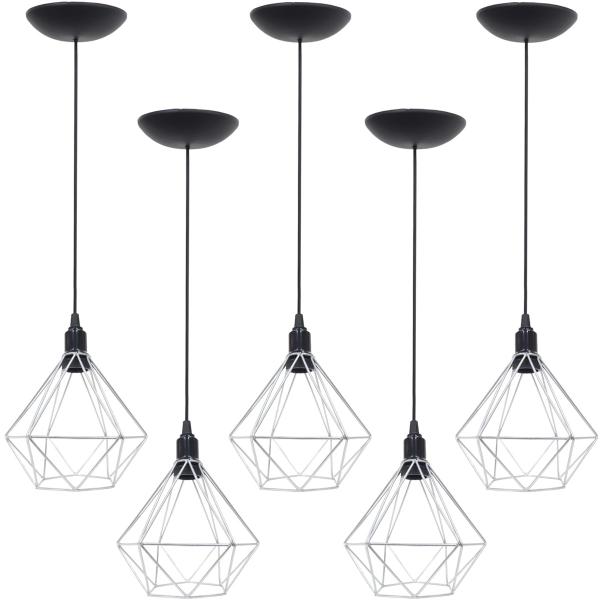 Imagem de 5 Pendentes Aramado Diamante Luminária Lustre P Teto Retrô Vintage Industrial Balcão Prata