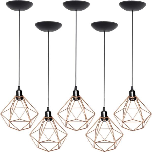 Imagem de 5 Pendentes Aramado Diamante Luminária Lustre Teto Retrô Vintage Industrial Balcão Cobre Rose Gold