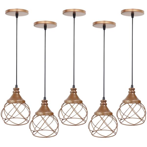 Imagem de 5 Pendentes Aramado Esfera Balonê Cobre Rose Gold Lustre Luminária Teto Regulável Sala Cozinha