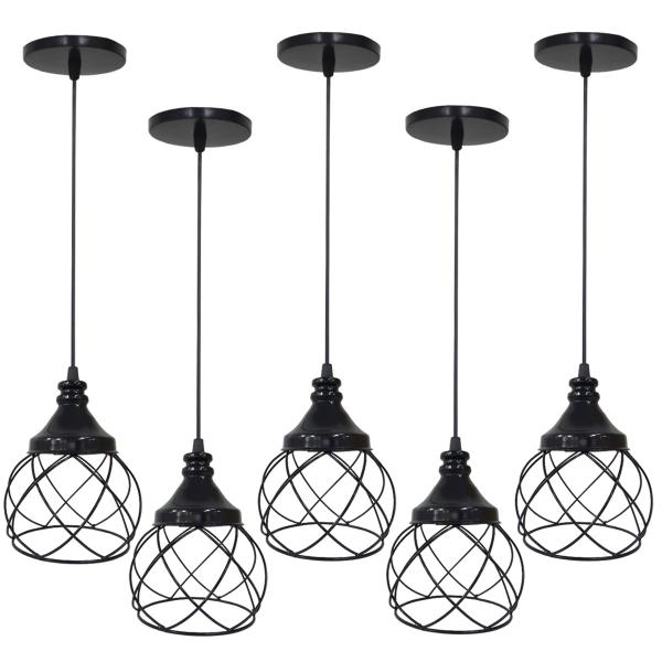 Imagem de 5 Pendentes Aramado Esfera Balonê Preto Lustre Luminária Teto Regulável Sala Cozinha Industrial Agp