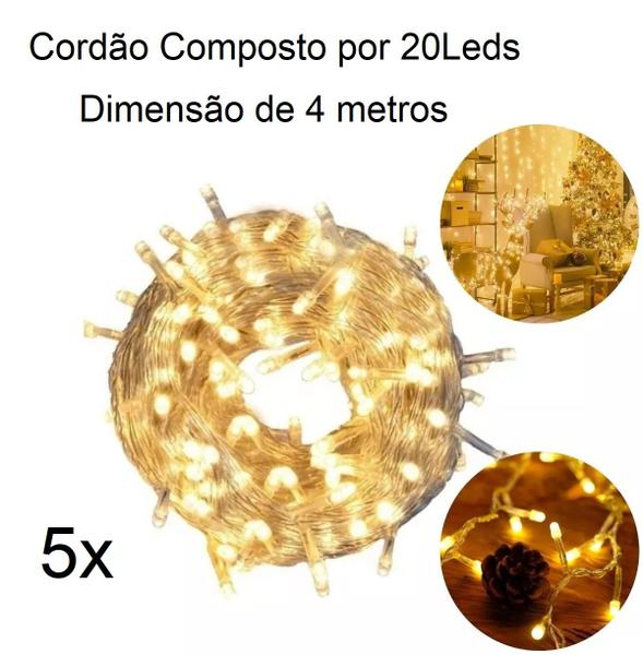 Imagem de 5 Pisca Pisca Led Luz Natal 20 Leds 4m À Pilha Luzes Amarelo