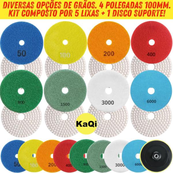 Imagem de 5 X Lixas 4 Pol. 100mm Diamantada + 1 Disco Prato Suporte Grão Polir Lixadeira Granito Mármore KaQi