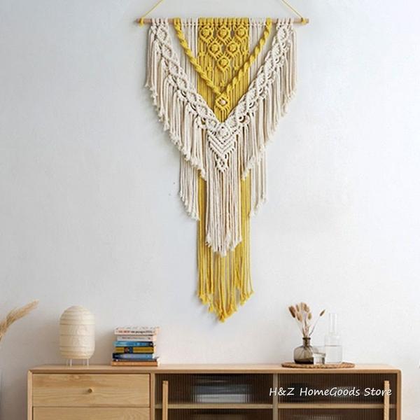 Imagem de 50 * 85cm Parede de Macramê Nórdico Pendurado amarelo artesanal e tapeçaria bege Boho Decor Tassel para decoração de casa sala de estar Tapeçarias Decorativas