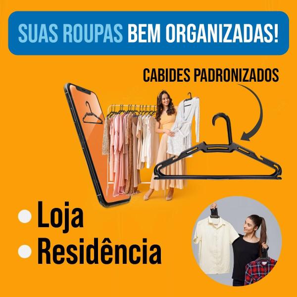 Imagem de 50 Cabides Preto Tradicional 38 Cm Organizador