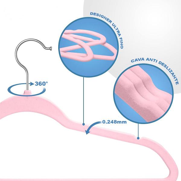 50 Cabides Slim Ultra Finos Antideslizante Aveludado Rosa - Toaninni Imagem de 50 Cabides Slim Ultra Finos Antideslizante Aveludado Rosa