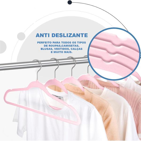 Imagem de 50 Cabides Slim Ultra Finos Antideslizante Aveludado Rosa