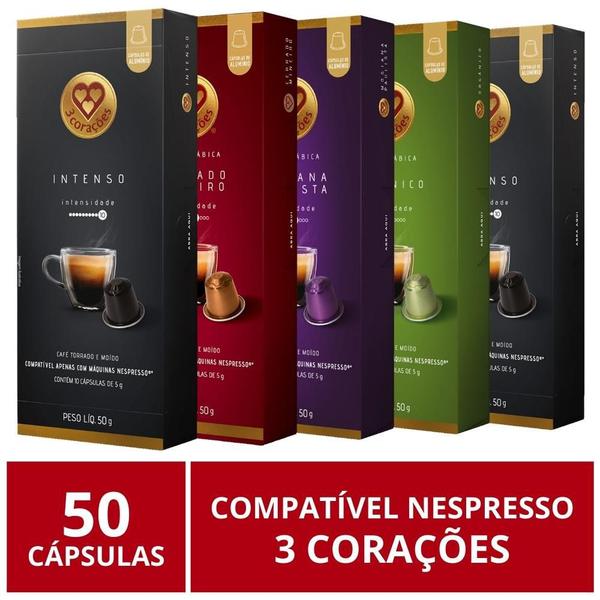 50 Cápsulas para Nespresso, 3 Corações, Café - Três Imagem de 50 Cápsulas para Nespresso, 3 Corações, Café