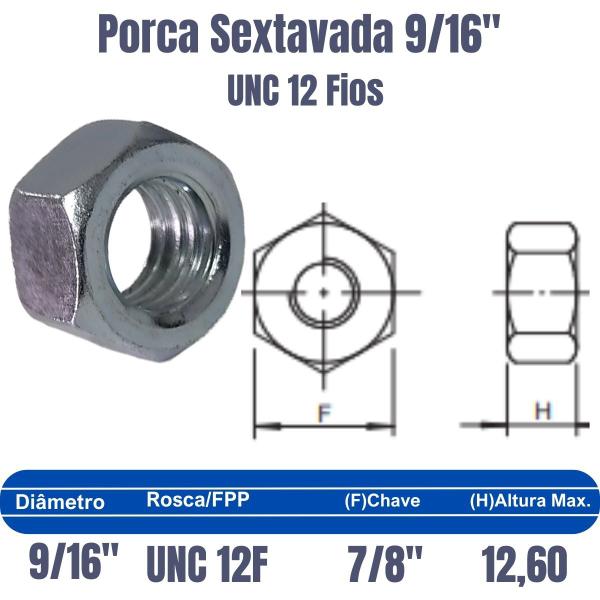 Imagem de 50 Porca Sextavada Ferro Zincada 9/16 X 12F Rosca Grossa UNC