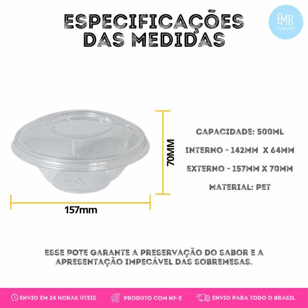 Imagem de 50 Potes Plástico 500ml De  Doces e Sobremesas Com Tampa