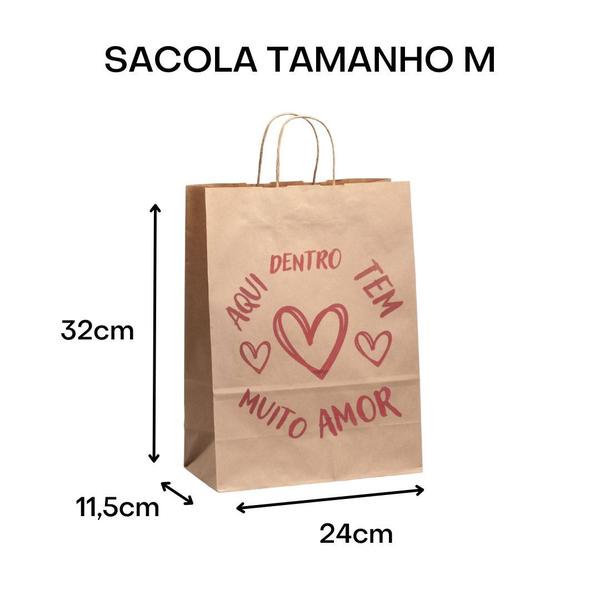 Imagem de 50 Sacola Kraft Amor Com Alça Tamanho M 32x24x11,5