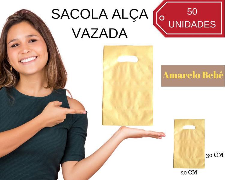 Imagem de 50 Sacola Plástica Alça Vazada Boca de Palhaço Medida 20x30