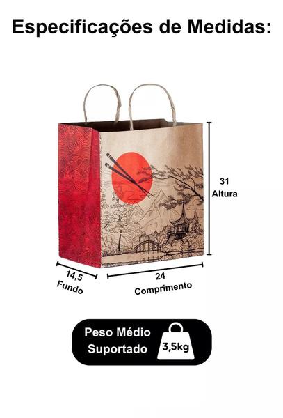 Imagem de 50 Sacolas Kraft Oriental Comida Jponesa Delivery Tamanho M