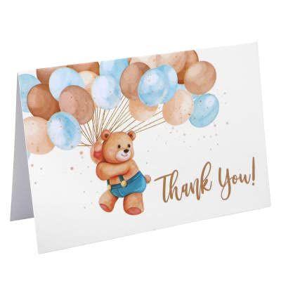 Imagem de 50 Teddy Bear Boy Obrigado Cards para chá de bebê com envelope projetado e selos correspondentes Bearly pode esperar