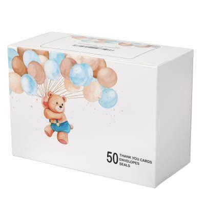 Imagem de 50 Teddy Bear Boy Obrigado Cards para chá de bebê com envelope projetado e selos correspondentes Bearly pode esperar