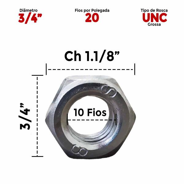 Imagem de 50 Un Porca Sextavada Aço Grau 5 3/4 Pol 10 Fio Rosca Grossa