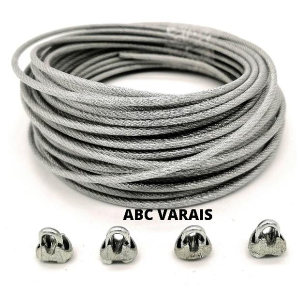 50mts Cabo De Aço Revestido Pvc Cristal 3mm Varal + 4 Clips - abc cabos Imagem de 50mts Cabo De Aço Revestido Pvc Cristal 3mm Varal + 4 Clips