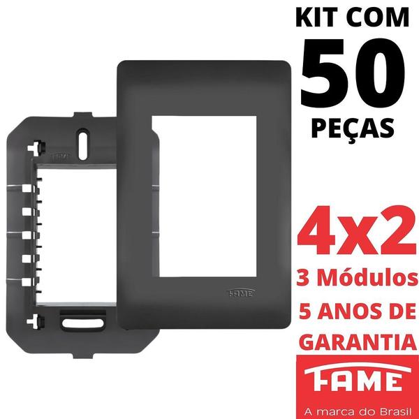 Imagem de 50un Placa 4X2 03 Módulos Com Suporte Habitat Black FAME