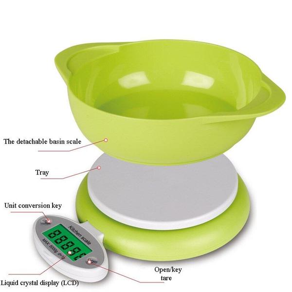 Imagem de 5KG/1g LCD Display Eletrônico Cozinha Escala Eletrônica Cozinha Comida Comida Postal Balance Scale Ferramenta de peso com verde bandeja Escalas de cozinha