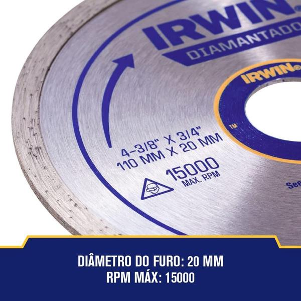 5un Disco Diamantado Porcelanato Contínuo 4.3/8" 110mm Irwin - IRWIN TOOLS Imagem de 5un Disco Diamantado Porcelanato Contínuo 4.3/8" 110mm Irwin