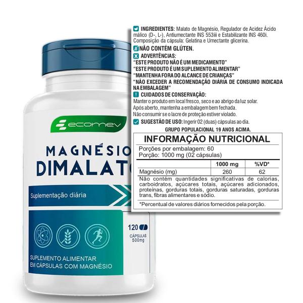 Imagem de 5Un Magnesio Dimalato Puro Premium 500mg 120Cáps Kit 10 Meses Ecomev