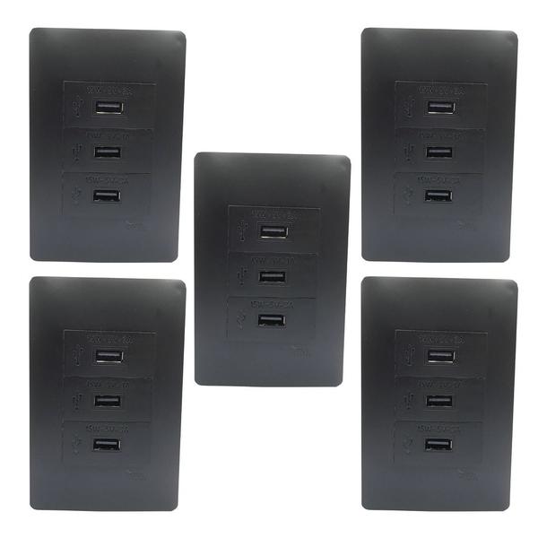 Imagem de 5un Tomada Tripla USB Bivolt 15W 5V 3A Com Placa Habitat Black FAME