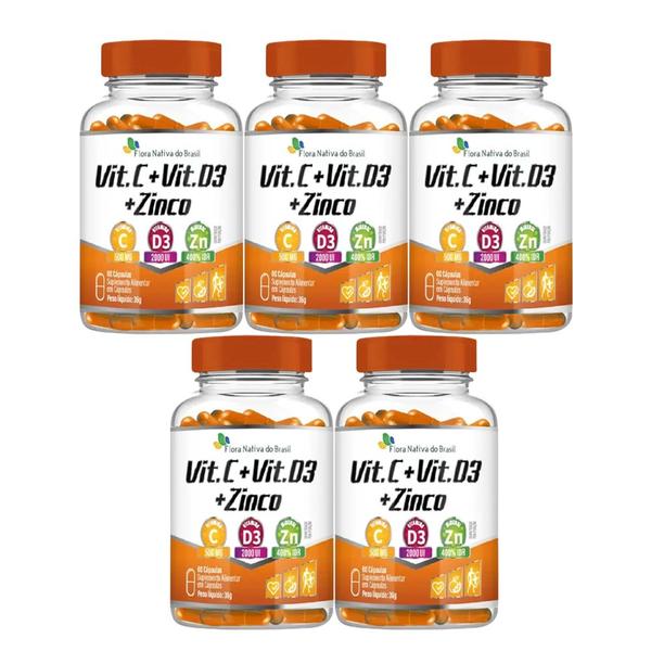 5x Vitamina C + Vitamina D3 + Zinco 60 Caps Flora Nativa - Flora Nativa do Brasil Imagem de 5x Vitamina C + Vitamina D3 + Zinco 60 Caps Flora Nativa