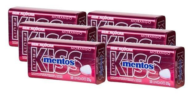 Imagem de 6 Bala Kiss Mentos Sabor Morango Sem Açúcar 50 unidades 35g