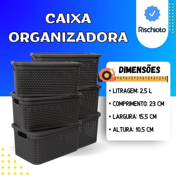 Imagem de 6 Caixas/Cestos Tabaco 2,5L Organizador Multiuso com Tampa Empilhável Premium Rattan