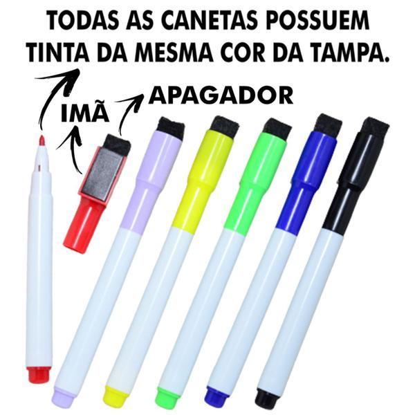 Imagem de 6 Canetas Coloridas para Quadro Branco com Apagador e Imã 13cm