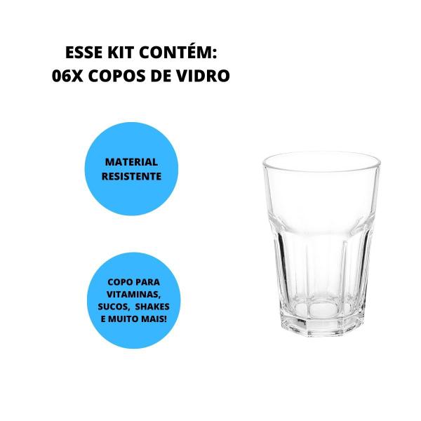 Imagem de 6 Copos De Vidro 390ml Agua Sucos Vitamina Milkshake 