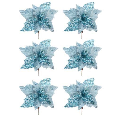 Imagem de 6 Flores Natalinas Poinsetia Decorativa Azul Glitter