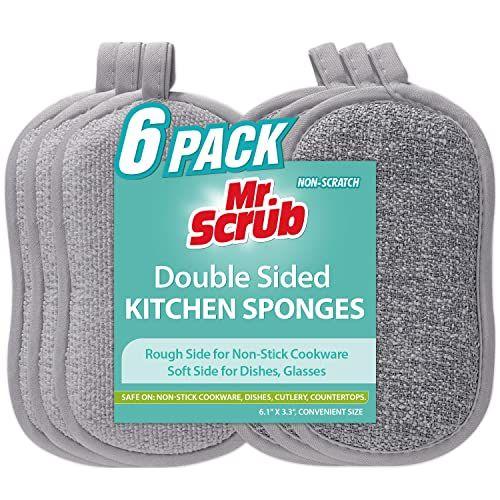 Imagem de 6 Pack All-Purpose Sponges Kitchen, Non Scratch Dish Sponge para lavar pratos Limpeza Cozinha, Toscos Scrubbers Side para Panelas Antiaderentes, Soft Microfiber Scrub Side para pratos, Mr. Scrub