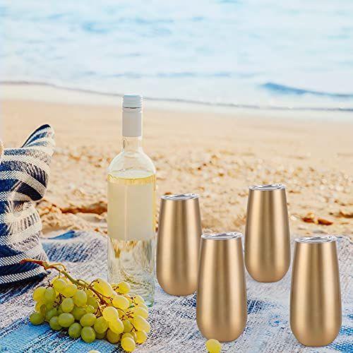 Imagem de 6 Pacote de Champanhe Isolado Tumblers, Champanhe Sem Haste Tumbler 6 Oz, Flautas de Champanhe Copo de Vinho, Copos de Coquetel Inquebráveis com Tampa, Presente para Amigos da Família Casamento de Aniversário de Natal (Ouro)