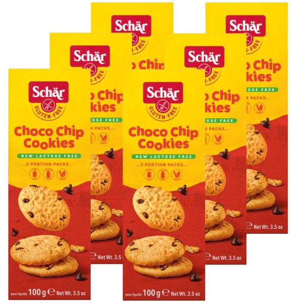 Imagem de 6 pacotes de Cookie Sem Glúten Sem Lactose com Gotas de Chocolate Choco Chip Schär 100g 