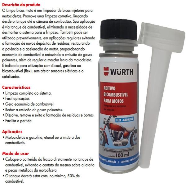 Imagem de 6 Peças - Limpa Bicos Injetor Moto Aditivo Flex Bicombustível De 100ml - Wurth