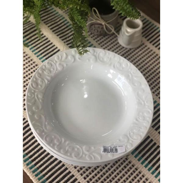 Imagem de 6 Pratos Fundos Germer Branco Redondo 23,5cm em Porcelana com Relevo Tassel