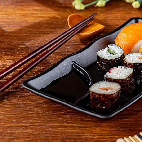 Imagem de 6 Pratos Pretos Sushi com Molheira 19x12cm Melamina Travessa Servir Gourmet Mix