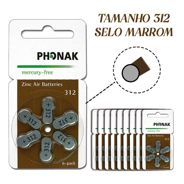 Imagem de 60 Pilhas - 312 Phonak Aparelho Auditivo - Mercury Free - SELO MARROM