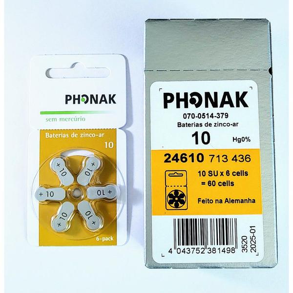 Imagem de 60 Pilhas Baterias Aparelho Auditivo Modelo 10 - Phonak (10 cartelas = 1 Caixa)